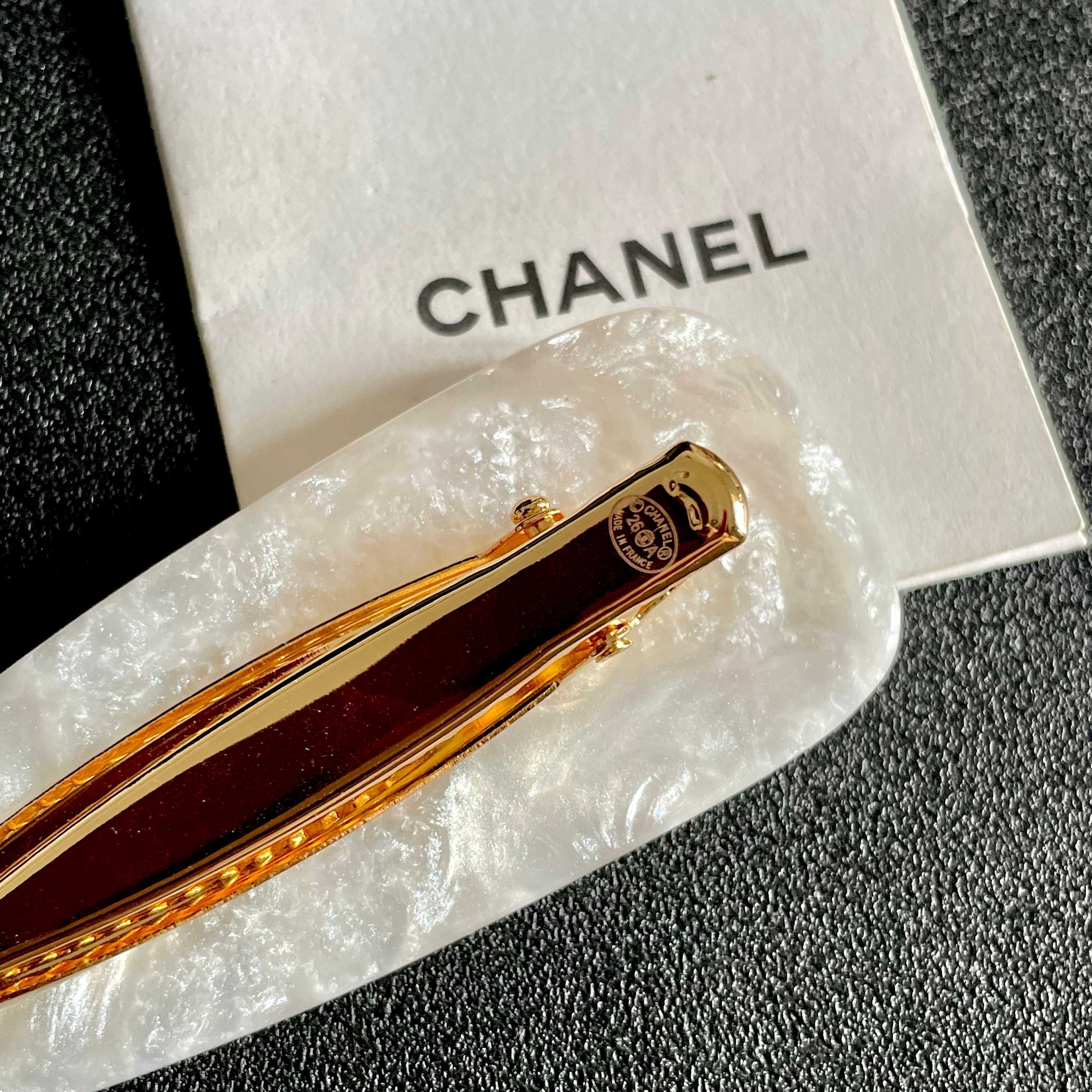 Chanel White Pearl Hair Clip with Gold CC Logo